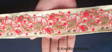 Beige Fabric Trim, Floral Embroidery in Red And Beige / Green And Yellow, Approx. 45mm- 210119L39/40